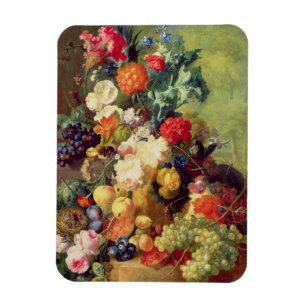 Stilleben med blommor och frukt magnet