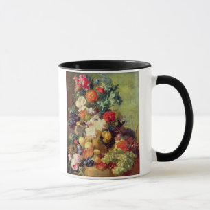 Stilleben med blommor och frukt mugg