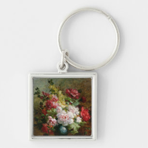 Stilleben med blommor och notblad fyrkantig silverfärgad nyckelring