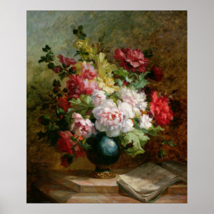 Stilleben med blommor och notblad poster