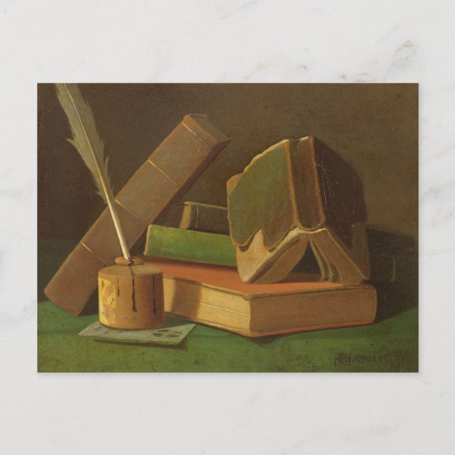 Stilleben med bokar och bläckbrunnen vykort (Framsida)