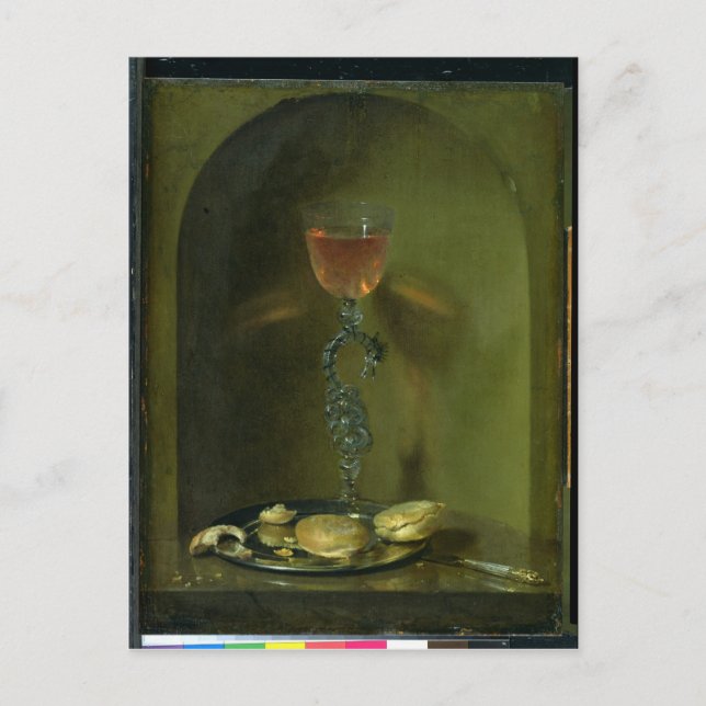Stilleben med bröd- och vinexponeringsglas vykort (Framsida)