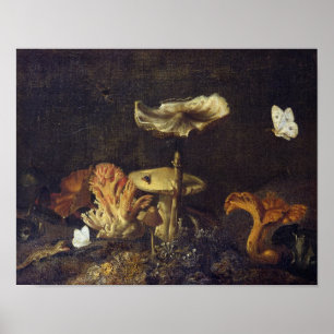 Stilleben med champinjoner och fjärilar poster