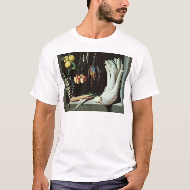 Stilleben med döda fåglar, frukt och t-shirt (Framsida)