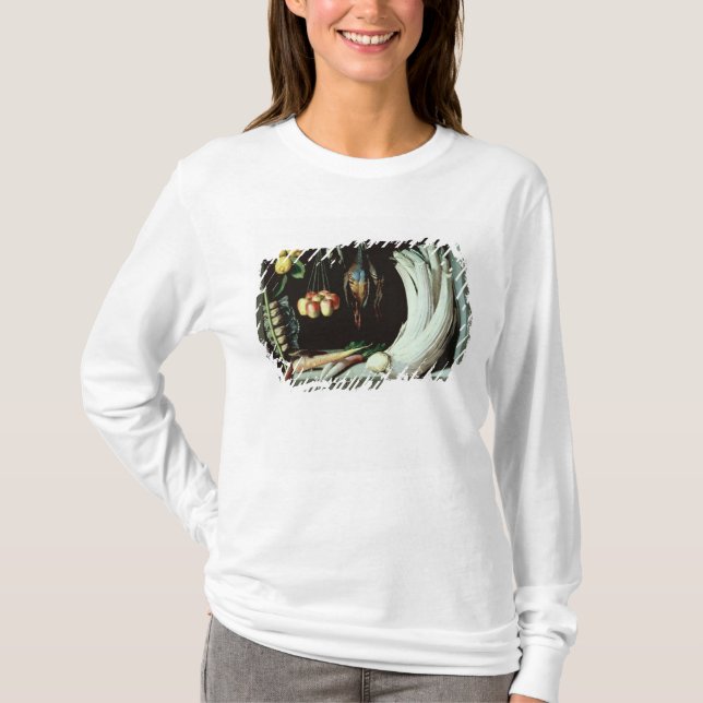 Stilleben med döda fåglar, frukt och t shirt (Framsida)