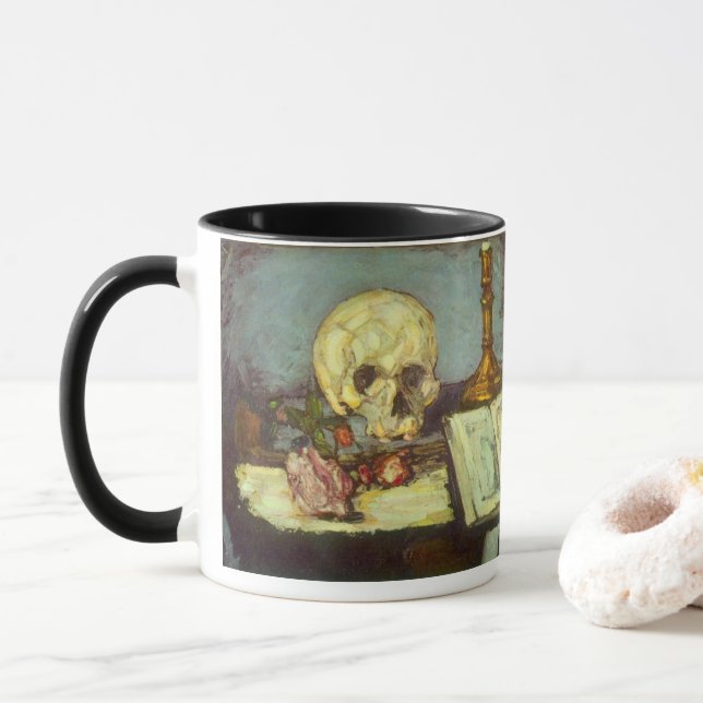 Stilleben med dödskalle, ljus och bok av Paul Ceza Mugg (Med munk)