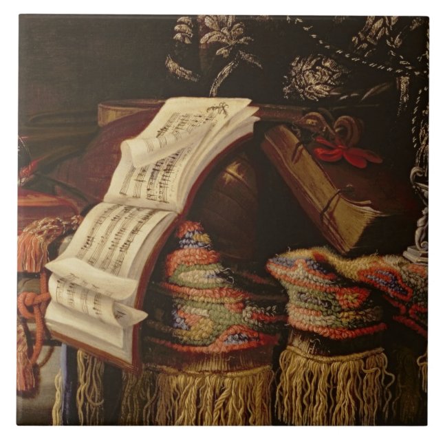 Stilleben med en bok av notblad kakelplatta (Framsidan)