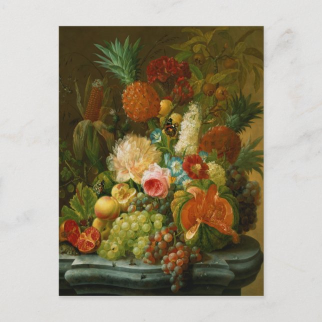 Stilleben med en melon och vindruvor vykort (Framsida)