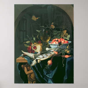 Stilleben med fiskuppläggningsfat poster