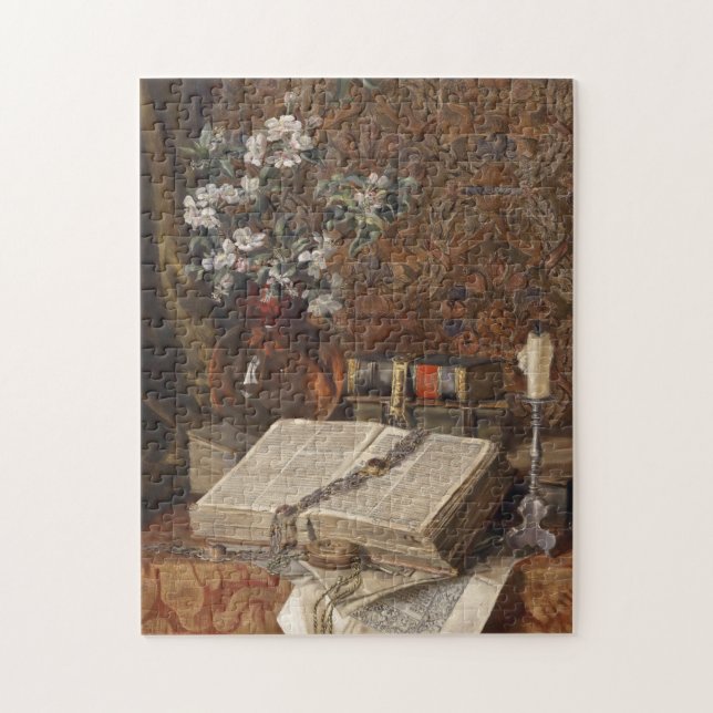 Stilleben med folio och körsbärblommar pussel (Vertikal)