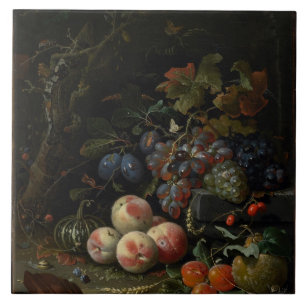 Stilleben med frukt, lövverk och insekter, c.1669 kakelplatta