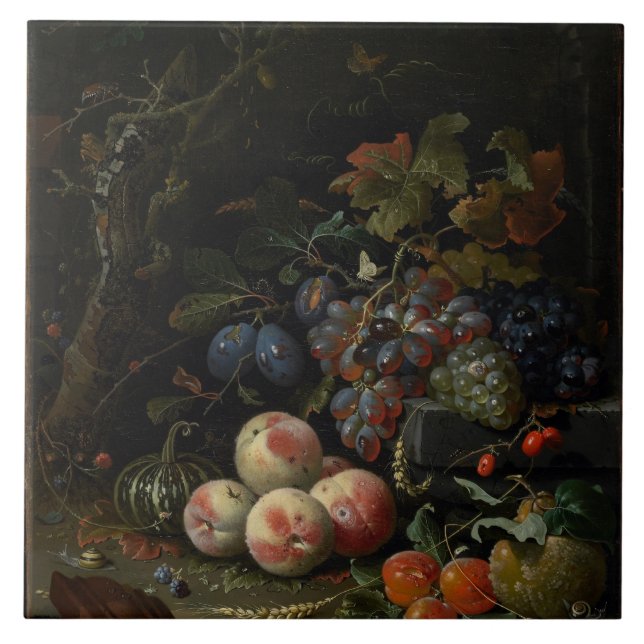 Stilleben med frukt, lövverk och insekter, c.1669 kakelplatta (Framsidan)