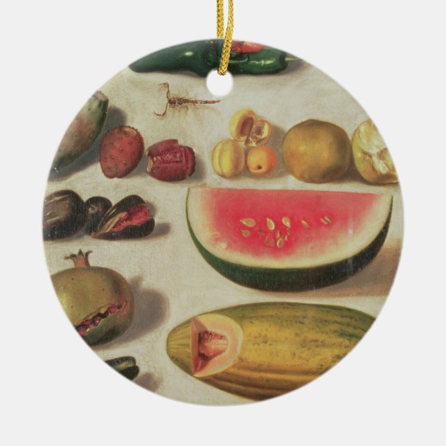 Stilleben med frukt och padda julgransprydnad keramik (Framsidan)