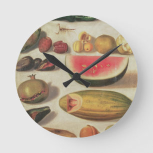 Stilleben med frukt och padda rund klocka