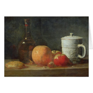 Stilleben med frukt- och vinflaskan hälsningskort
