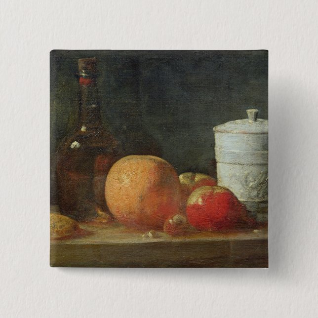 Stilleben med frukt- och vinflaskan knapp (Framsida)