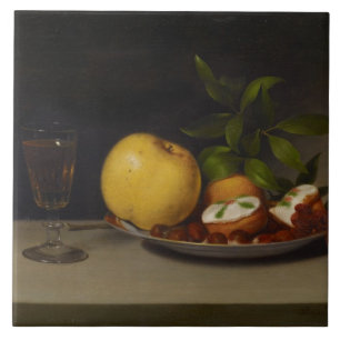 Stilleben med frukt, tårtor och vin, 1821 kakelplatta