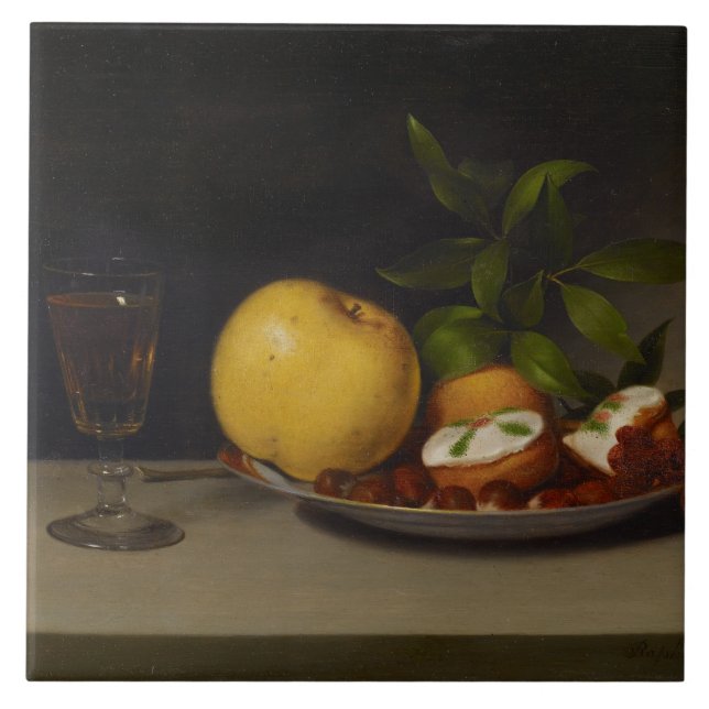 Stilleben med frukt, tårtor och vin, 1821 kakelplatta (Framsidan)