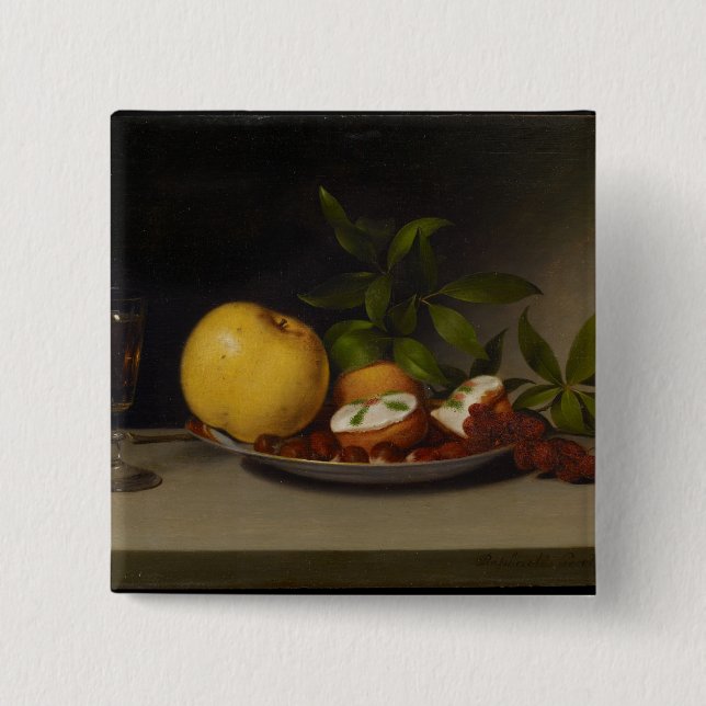 Stilleben med frukt, tårtor och vin, 1821 knapp (Framsida)