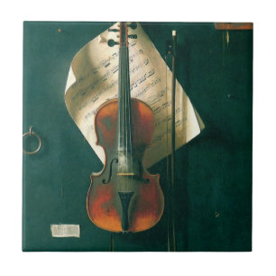 Stilleben med gammal violin av William Michael Har Kakelplatta