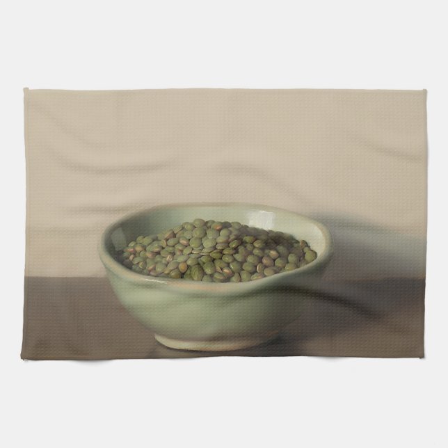 Stilleben med gröna linser kökshandduk (Horisontell)