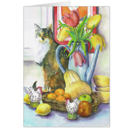 Stilleben med katten hälsningskort