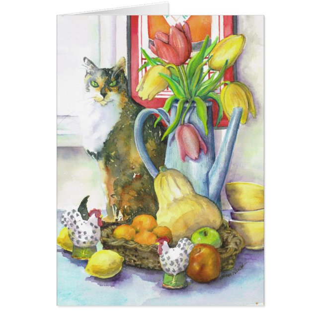 Stilleben med katten hälsningskort (Framsidan)