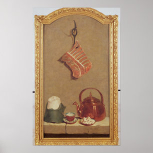 Stilleben med kött, kettlen och koppen poster