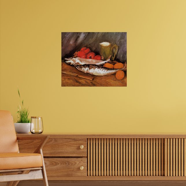Stilleben med makrill, citroner, tomater, poster (Vardagsrum 2)