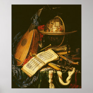 Stilleben med musikal instrumenterar poster