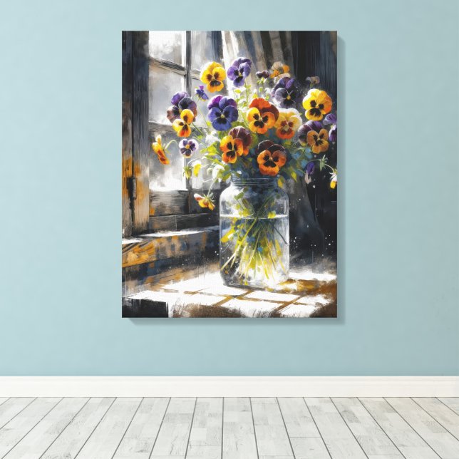 Stilleben med penséer i fönster Impressionism Canvastryck (Insitu (trägolv))