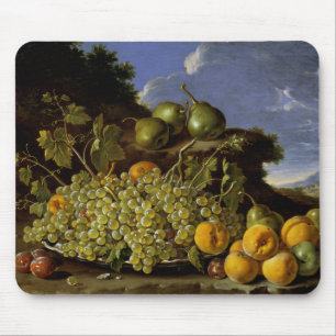 Stilleben med pläterar av druvor, persikor, Pears Musmatta