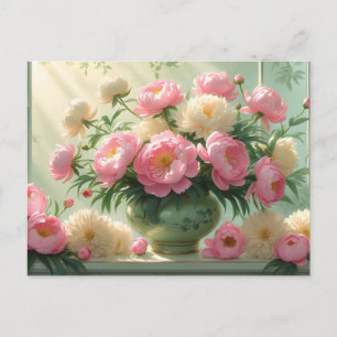 Stilleben med rosa och vita pionblommor vykort