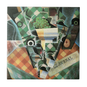 Stilleben med rutig duk av Juan Gris Kakelplatta