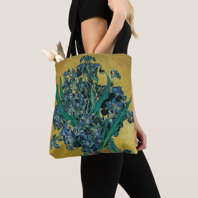 Stilleben med vas med irisar av Vincent van Gogh Tygkasse (Närbild)