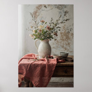 Stilleben med vildblomsterkanna och korallfärgad l poster