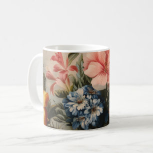 Stilleben med vintage blomster och tropiska blommo kaffemugg
