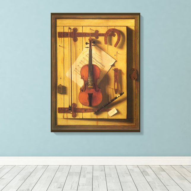 Stilleben med violin och noter av William Harnett Canvastryck (Insitu (trägolv))