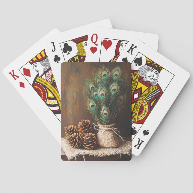 Stilleben Påfågelsfjädrar Kottar Casinokort (Baksidan)