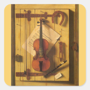 Stilleben Violin och musik av William Harnett Fyrkantigt Klistermärke