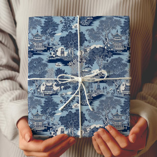 Stilren blå vit chinoiserie pil toile stuga presentpapper
