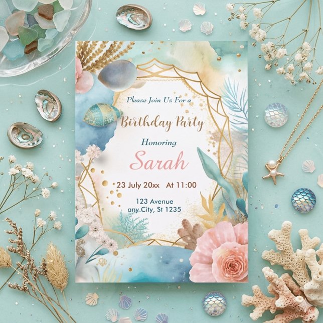 stilren boho blå guld akvarell födelsedag inbjudningar (Skapare uppladdad)