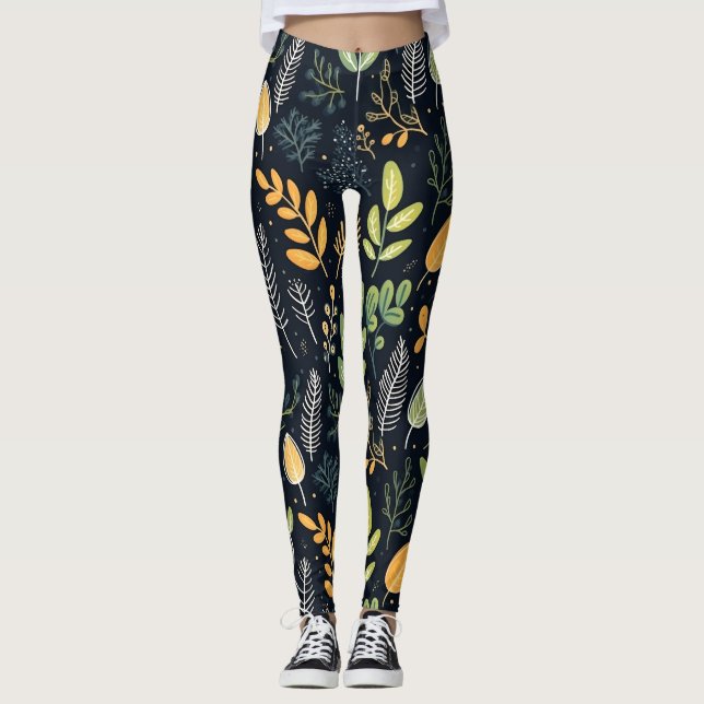 Stilren grön och gul bladverksmönster leggings (Framsida)