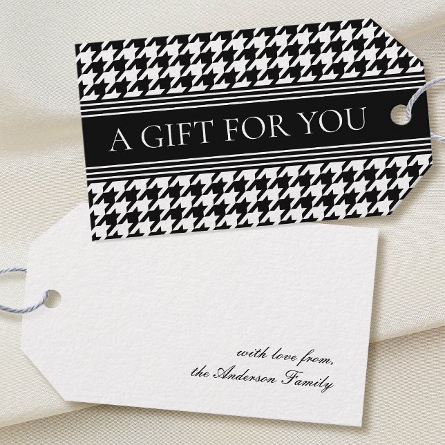 Stilren Houndstooth Svart & Vit Elegant Presentetikett (Skapare uppladdad)