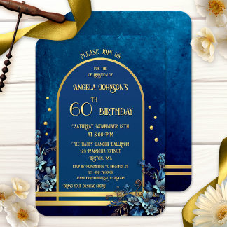 Stilren Klassisk Blå Guld Blommig Födelsedag Inbjudningar