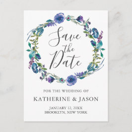 Stilren lila blomsterkrans Vinter Spara datumet Vykort