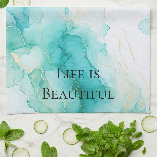 Stilren mint vit guld bröllopsdusch kökshandduk (Vikta)