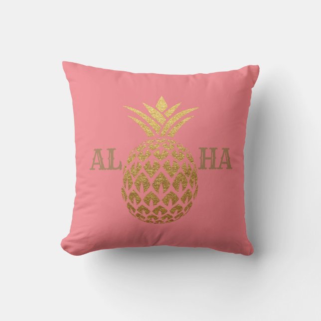 Stilren modern guld ananas korall rosa Aloha Kudde (Framsida)