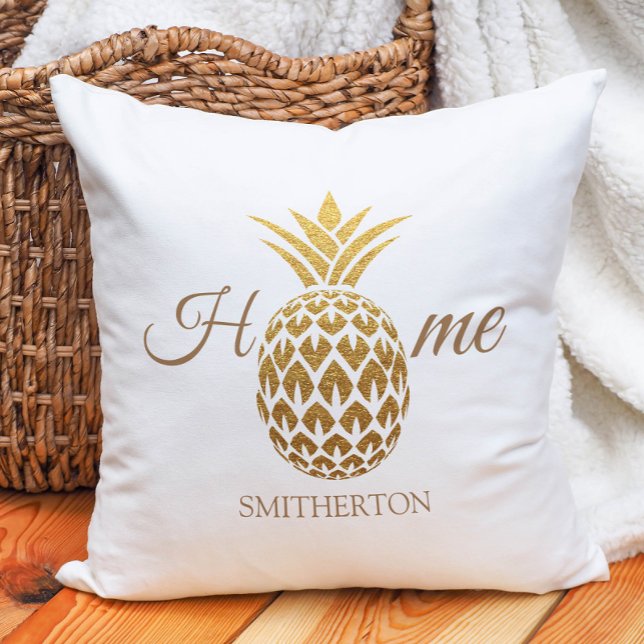Stilren modern guldananas vit hem kudde (Gold and white pineapple "Home" pillow)