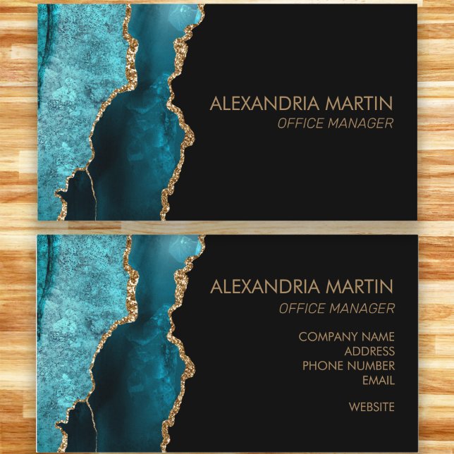 Stilren modern teal svart guld glitter  visitkort (Modern teal, black, and gold marble business card.)